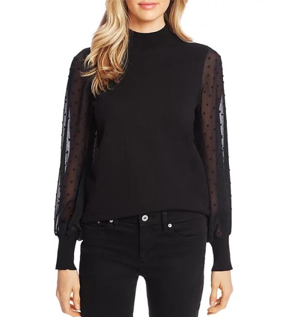 CeCe Sweaters - CECE Nordstrom Women's Black Mock Neck Clip Dot Long Sleeve Sweater Size S